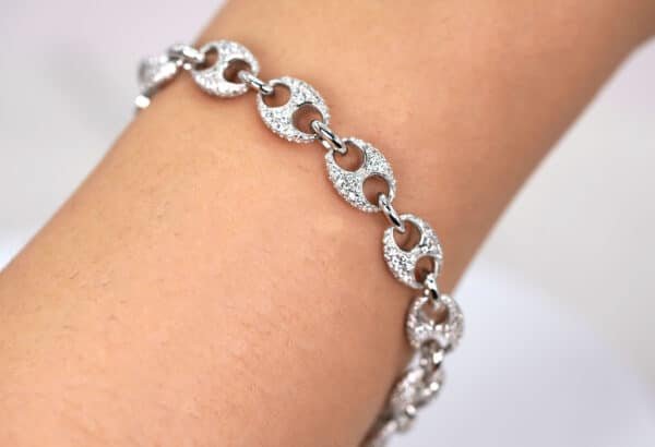 Elegant Sterling Silver Bracelet with Sparkling Zircon Stones and Unique Double Chain Design
