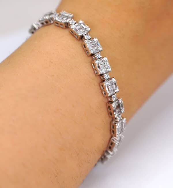 Elegant Sterling Silver Tennis Bracelet with Square and Rectangular Zircon Stones - Image 4