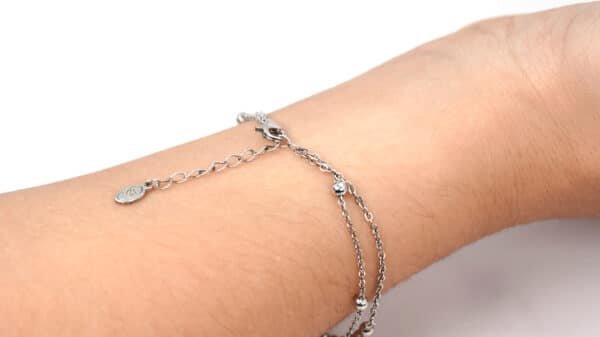 Stunning Sterling Silver Bracelet with Heart Lock and Crown Charms, Adorned with 2 Rows of Elegant Silver Beads