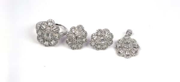 Flower Blossom Sterling Silver Jewelry Set: Ring, Earrings, and Necklace