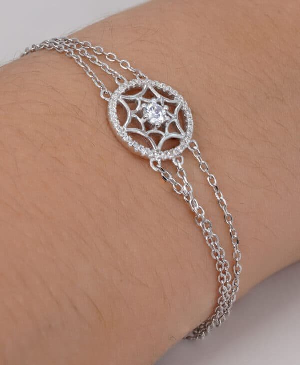 Stunning Sterling Silver Bracelet with Sparkling Zircon Stones and Spider Web Design, featuring a Large Center Stone - Image 4