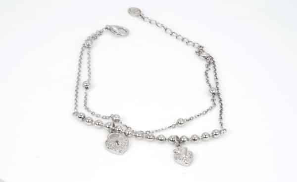Stunning Sterling Silver Bracelet with Heart Lock and Crown Charms, Adorned with 2 Rows of Elegant Silver Beads - Image 5