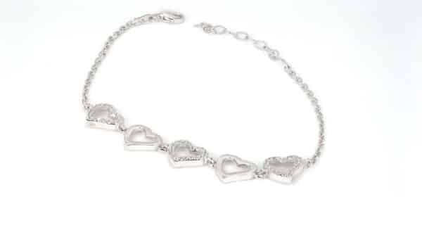 Elegant Sterling Silver Bracelet with 5 Heart Charms - 3 adorned with Zircon Stones and 2 Polished Silver Hearts Adjustable - Image 3