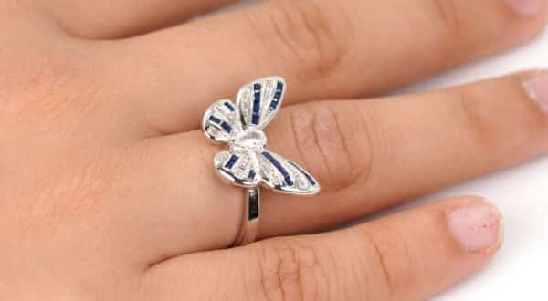 Bold and Beautiful Sterling Silver Butterfly Ring with Blue Gemstone and Zircon Accents