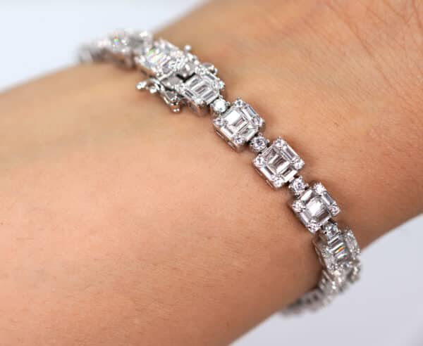 Elegant Sterling Silver Tennis Bracelet with Square and Rectangular Zircon Stones - Image 5