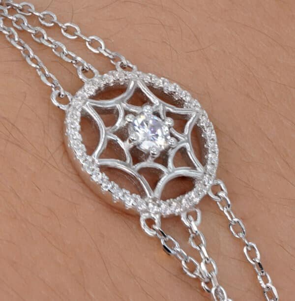 Stunning Sterling Silver Bracelet with Sparkling Zircon Stones and Spider Web Design, featuring a Large Center Stone - Image 5