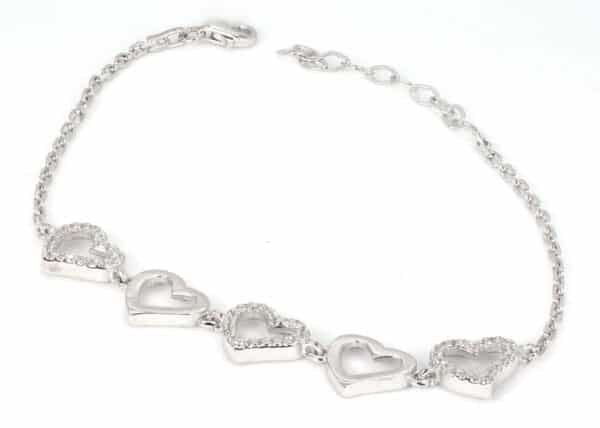 Elegant Sterling Silver Bracelet with 5 Heart Charms - 3 adorned with Zircon Stones and 2 Polished Silver Hearts Adjustable - Image 4