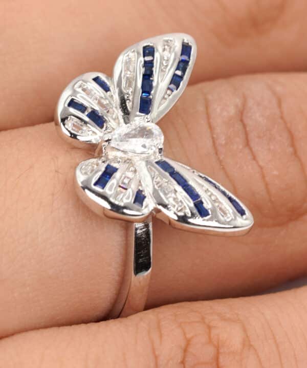 Bold and Beautiful Sterling Silver Butterfly Ring with Blue Gemstone and Zircon Accents - Image 6