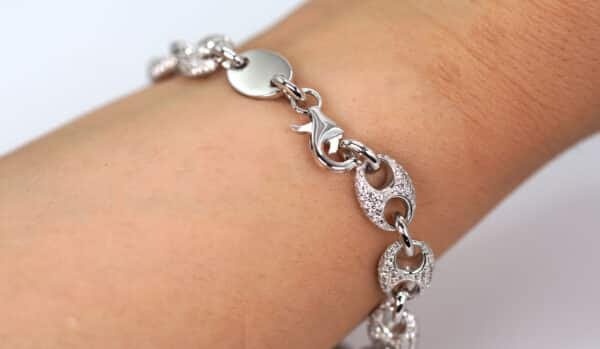 Elegant Sterling Silver Bracelet with Sparkling Zircon Stones and Unique Double Chain Design - Image 6