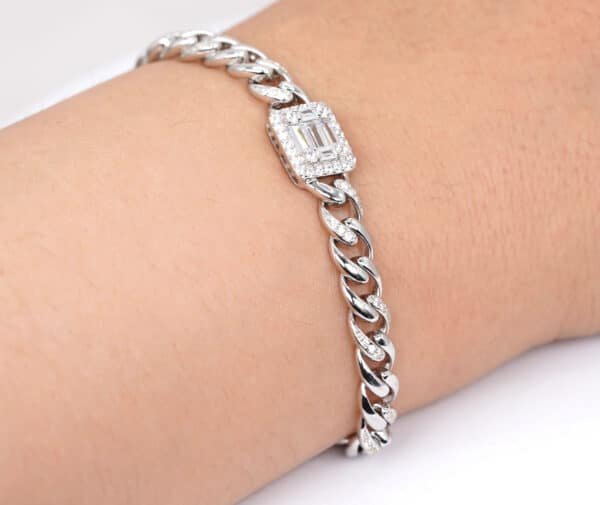 Zircon-embellished Sterling Silver Bracelet with Rectangular Centerpiece and Halfway Chain Detail