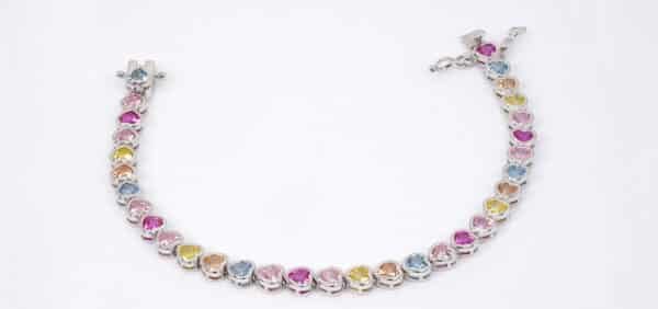 Rainbow Zircon Sterling Silver Tennis Bracelet with Linked Hearts - Image 2
