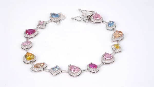Sparkling Rainbow Charm Bracelet: Sterling Silver with Multifaceted Zircon Hearts, Squares, Ovals, and More! - Image 2