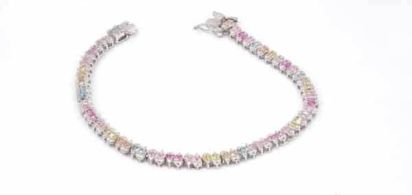 Radiant Rainbow: Sterling Silver Bracelet with Multicolored Zircon Stones in Oval and Heart Shapes - Image 2