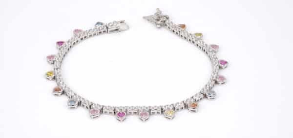 Sparkling Sterling Silver Tennis Bracelet with 18 Heart-Shaped Rainbow Zircon Stones - Image 2
