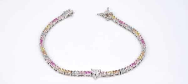 Elegant Sterling Silver Tennis Bracelet with 5A Quality Zircon Stones in Rainbow Colors and Heart-shaped Center - Image 4