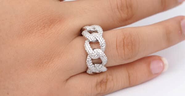 Sterling Silver Ring with Zircon Stones and Free-Hanging Chain Design