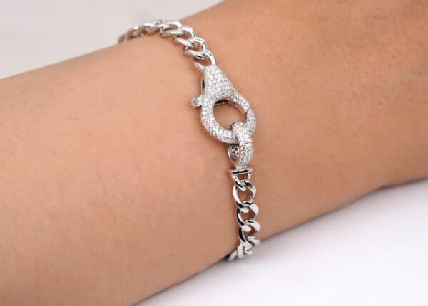 Bold and Elegant Sterling Silver Bracelet with Sparkling Zircon Stones and Chunky Hook Clasp