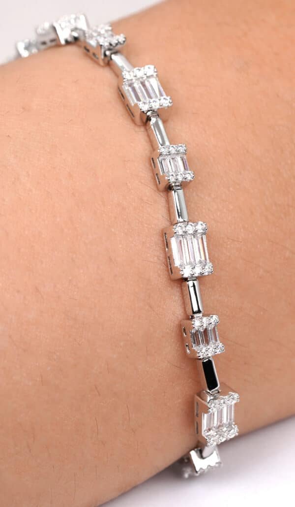 Zircon-accented Sterling Silver Link Bracelet with Rectangular Pendants - Image 2