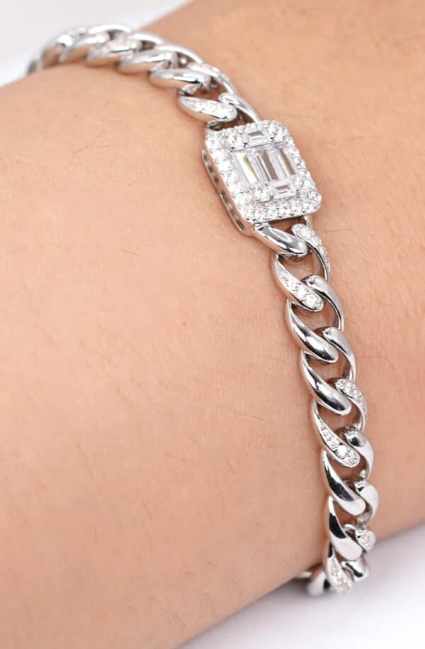 Zircon-embellished Sterling Silver Bracelet with Rectangular Centerpiece and Halfway Chain Detail - Image 2