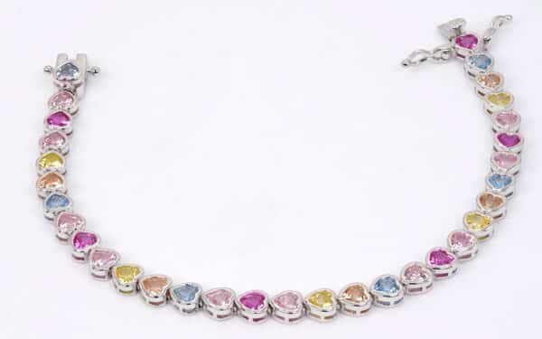 Rainbow Zircon Sterling Silver Tennis Bracelet with Linked Hearts - Image 3