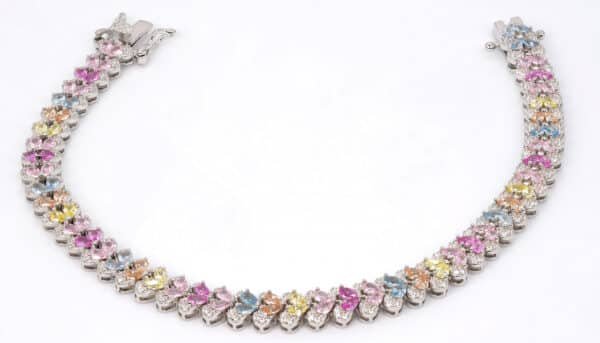 Multicolored Rainbow Zircon Heart Tennis Bracelet in Sterling Silver - Image 3