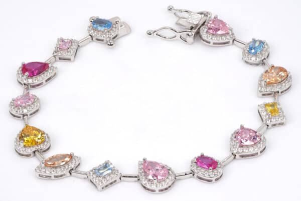 Sparkling Rainbow Charm Bracelet: Sterling Silver with Multifaceted Zircon Hearts, Squares, Ovals, and More! - Image 3