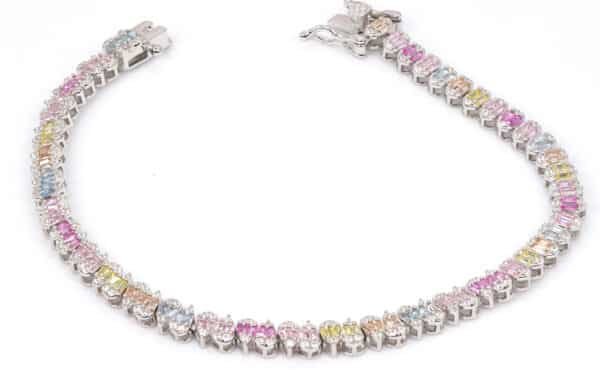 Radiant Rainbow: Sterling Silver Bracelet with Multicolored Zircon Stones in Oval and Heart Shapes - Image 3