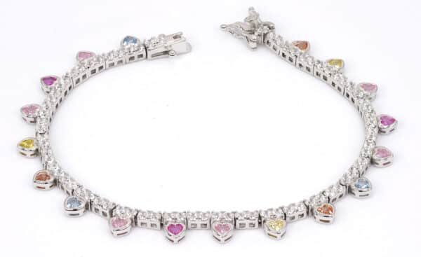 Sparkling Sterling Silver Tennis Bracelet with 18 Heart-Shaped Rainbow Zircon Stones - Image 4