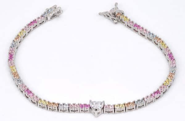Elegant Sterling Silver Tennis Bracelet with 5A Quality Zircon Stones in Rainbow Colors and Heart-shaped Center - Image 5