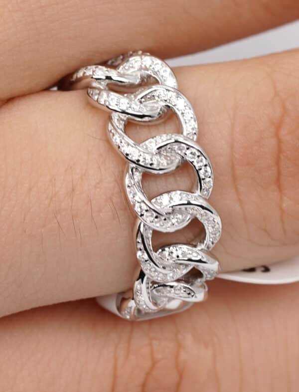 Sparkling Sterling Silver Ring with Zircon Stones and Free-Hanging Chain Design - Image 3
