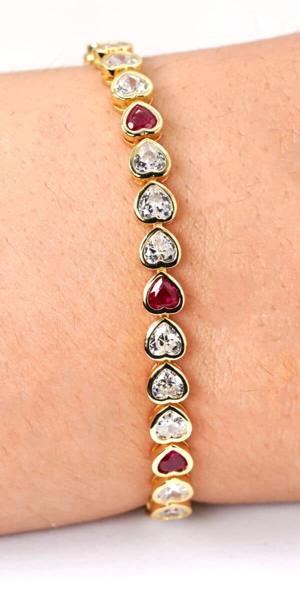 Golden Heart Linked Sterling Silver Tennis Bracelet with 34 Zircon-Studded Hearts, Featuring Dazzling Fuchsia and Diamond Shades - Image 3