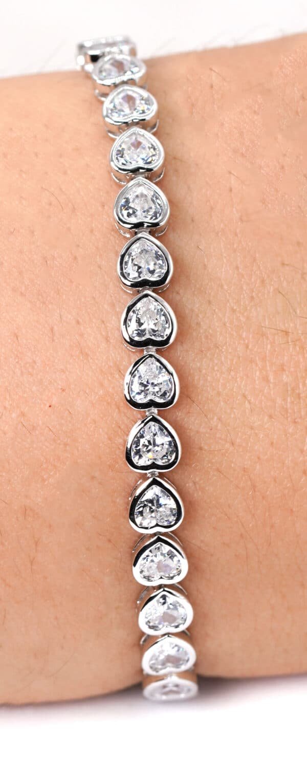 Sparkling Heart-Linked Sterling Silver Tennis Bracelet with 34 Zircon Stones - Image 3