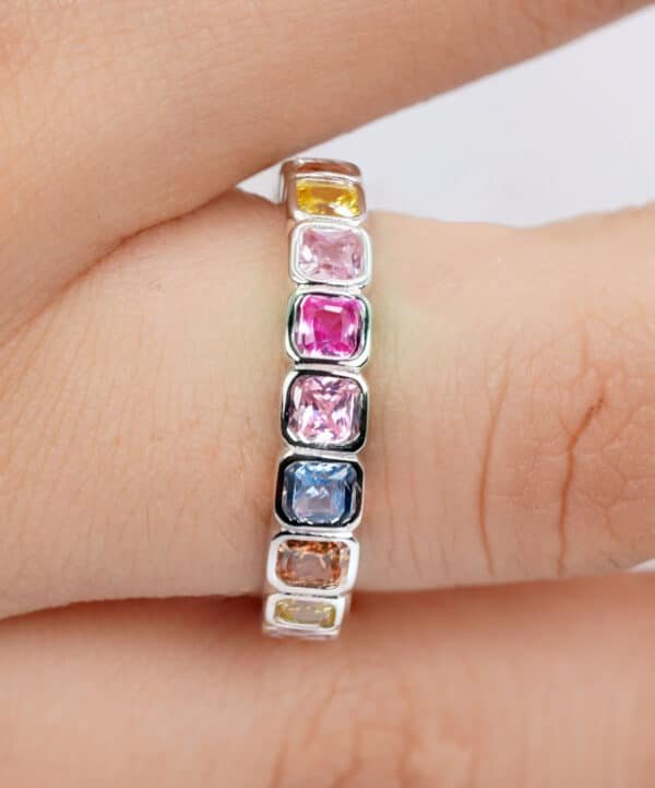 Vibrant Rainbow Square Sterling Silver Ring with Sparkling Zircon Stones - Image 4