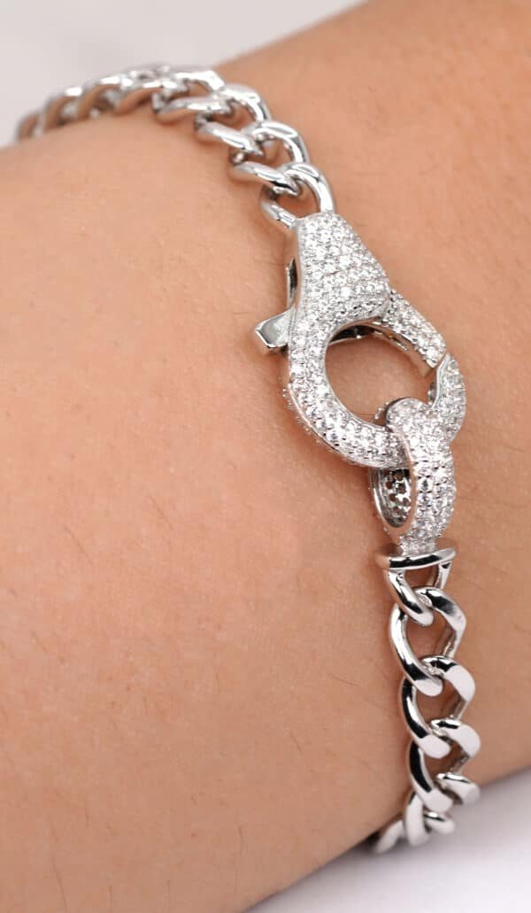 Bold and Elegant Sterling Silver Bracelet with Sparkling Zircon Stones and Chunky Hook Clasp - Image 2