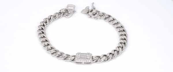 Zircon-embellished Sterling Silver Bracelet with Rectangular Centerpiece and Halfway Chain Detail - Image 3