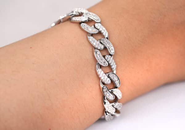 Unique Sterling Silver Chain Bracelet with Stamped and Diamond-Shaped Zircon Stones