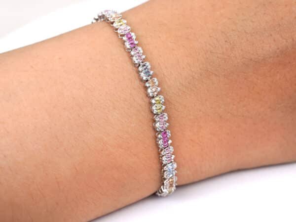 Radiant Rainbow: Sterling Silver Bracelet with Multicolored Zircon Stones in Oval and Heart Shapes