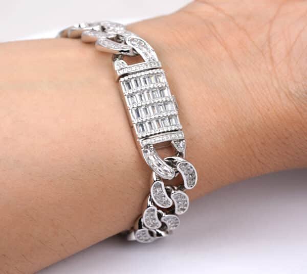 Bold and Glamorous Sterling Silver Bracelet with Sparkling Zircon Stones and Secure Locking Clasp - Image 4