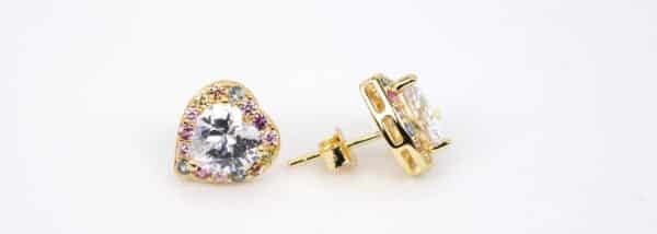 Colorful Zircon Heart-Shaped Stud Earrings with Diamond-Cut Center Stone in Sterling Silver, Gold, and Rhodium Plating - Image 5