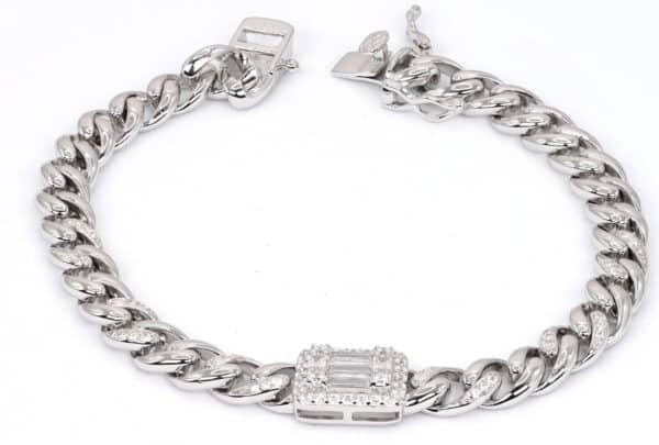 Zircon-embellished Sterling Silver Bracelet with Rectangular Centerpiece and Halfway Chain Detail - Image 4