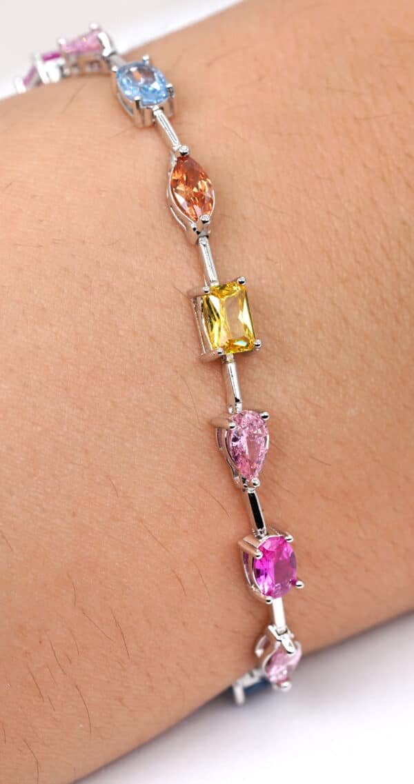 Rainbow multi color Sterling Silver Bracelet with Assorted Shaped Links - Image 5