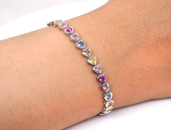 Rainbow Zircon Sterling Silver Tennis Bracelet with Linked Hearts