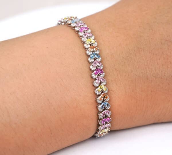 Multicolored Rainbow Zircon Heart Tennis Bracelet in Sterling Silver