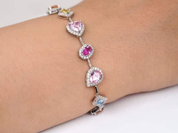 Sparkling Rainbow Charm Bracelet: Sterling Silver with Multifaceted Zircon Hearts, Squares, Ovals, and More!