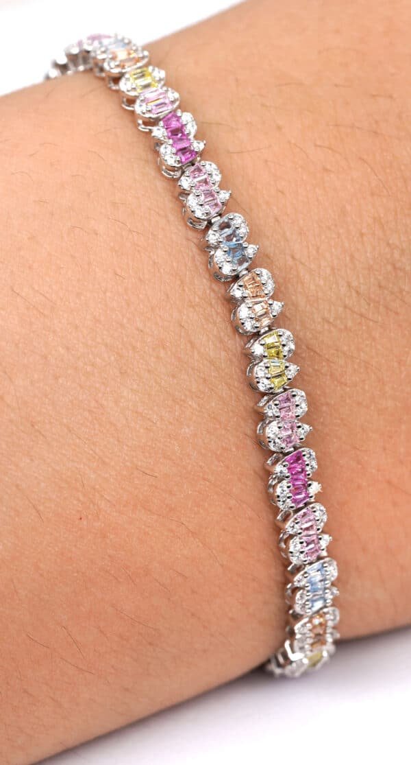 Radiant Rainbow: Sterling Silver Bracelet with Multicolored Zircon Stones in Oval and Heart Shapes - Image 4