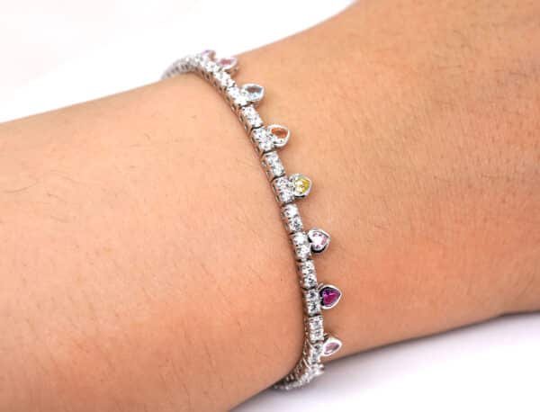 Sparkling Sterling Silver Tennis Bracelet with 18 Heart-Shaped Rainbow Zircon Stones