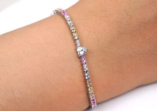 Elegant Sterling Silver Tennis Bracelet with 5A Quality Zircon Stones in Rainbow Colors and Heart-shaped Center