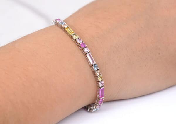 Exquisite Sterling Silver Bracelet with Colorful Diamond Shapes and Large Rectangular Multi-Color Stones