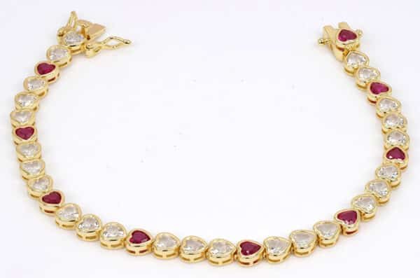 Golden Heart Linked Sterling Silver Tennis Bracelet with 34 Zircon-Studded Hearts, Featuring Dazzling Fuchsia and Diamond Shades - Image 5