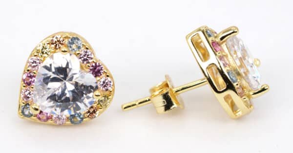 Colorful Zircon Heart-Shaped Stud Earrings with Diamond-Cut Center Stone in Sterling Silver, Gold, and Rhodium Plating - Image 6